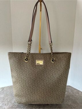 Calvin Klein Monogram Tote Bag Beige Blush Large Classic Chic Purse Designer CK